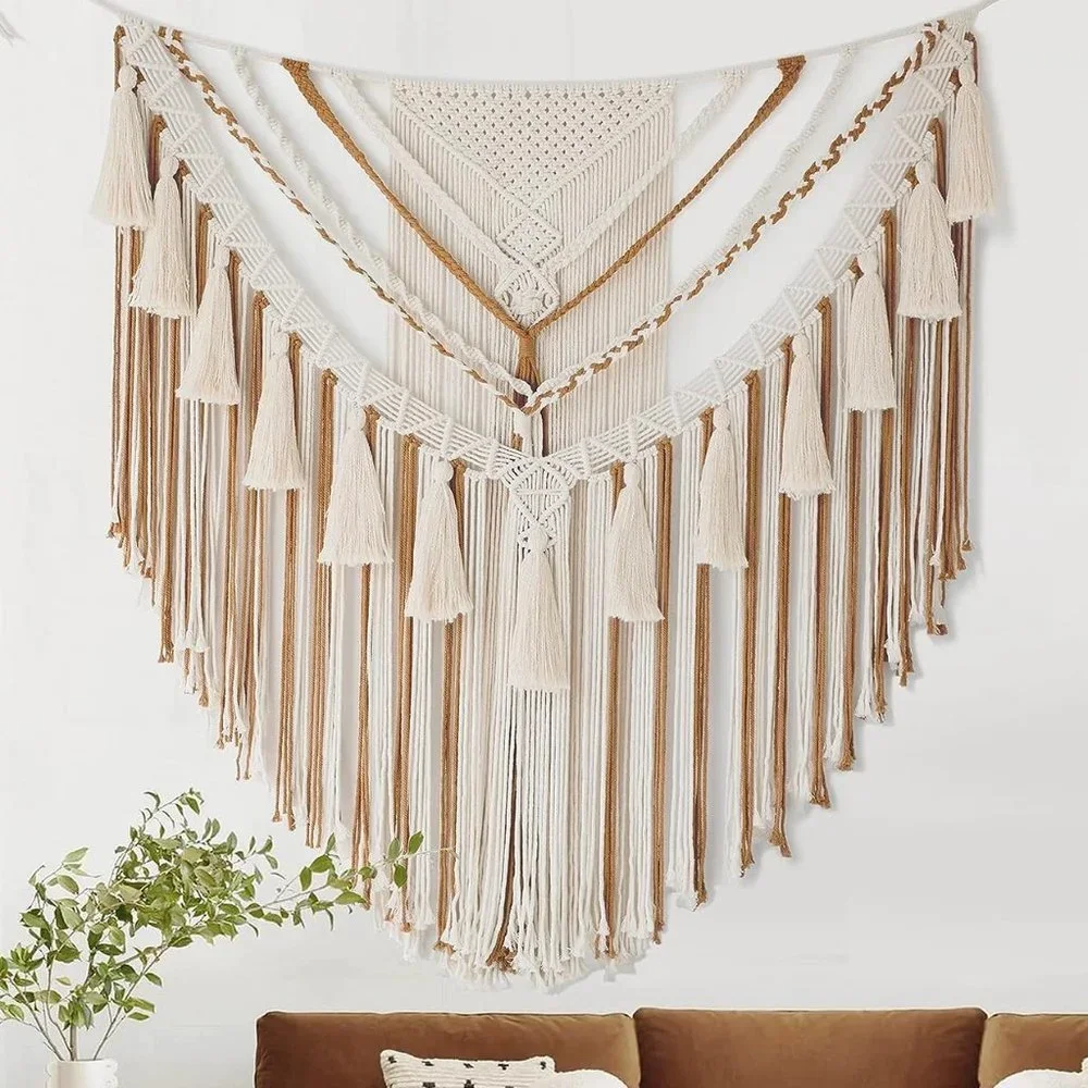 Boho Macrame Woven Brown Handmade Mid Century Modern Hanging Tassel Wall Decor